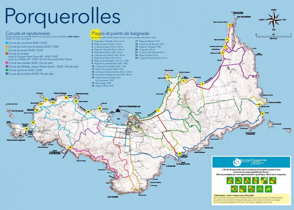 Mappa dei circuiti ciclabili e percorribili a piedi di Porquerolles